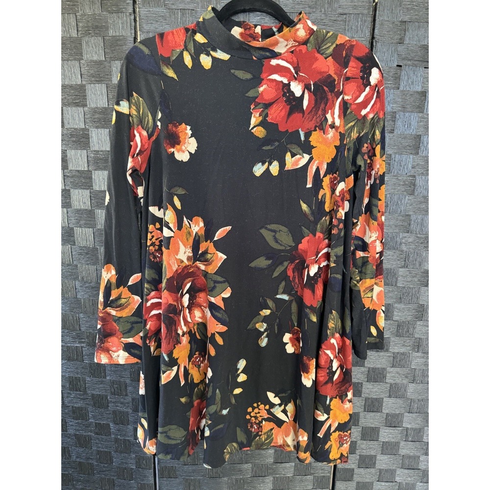 Black Bead Women's Large Long Sleeve Floral Tunic Dress